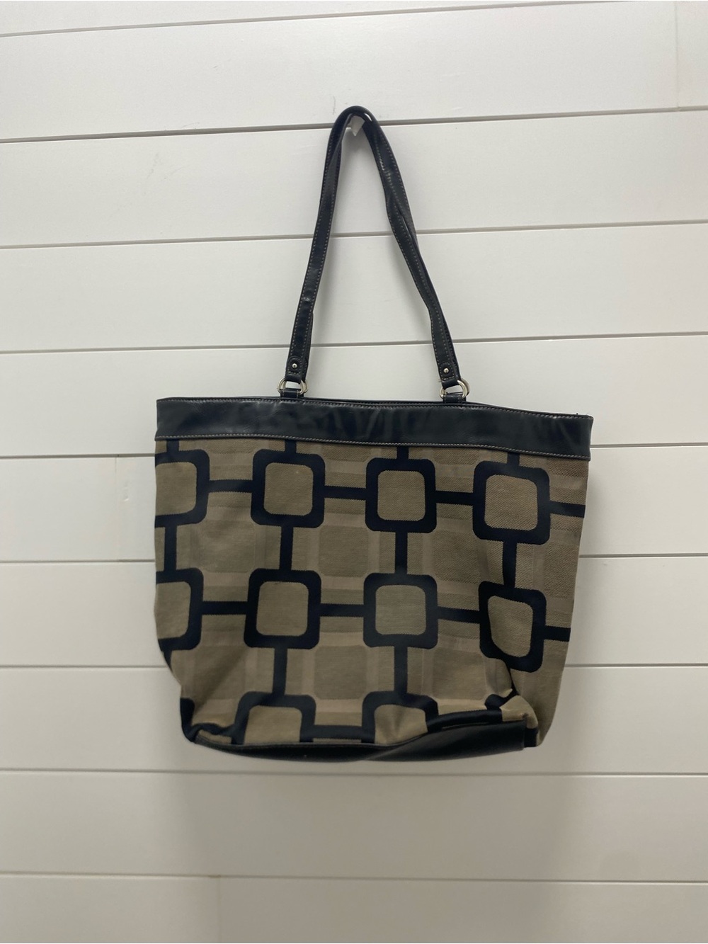Nine West Taupe and Black Geometric Canvas Tote